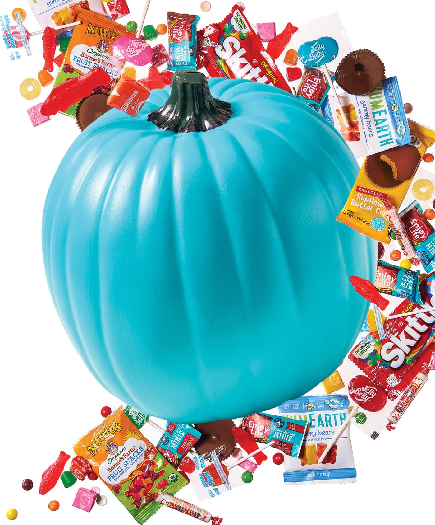 Teal Pumpkin Surrounded by Various Allergen-Free Candy
