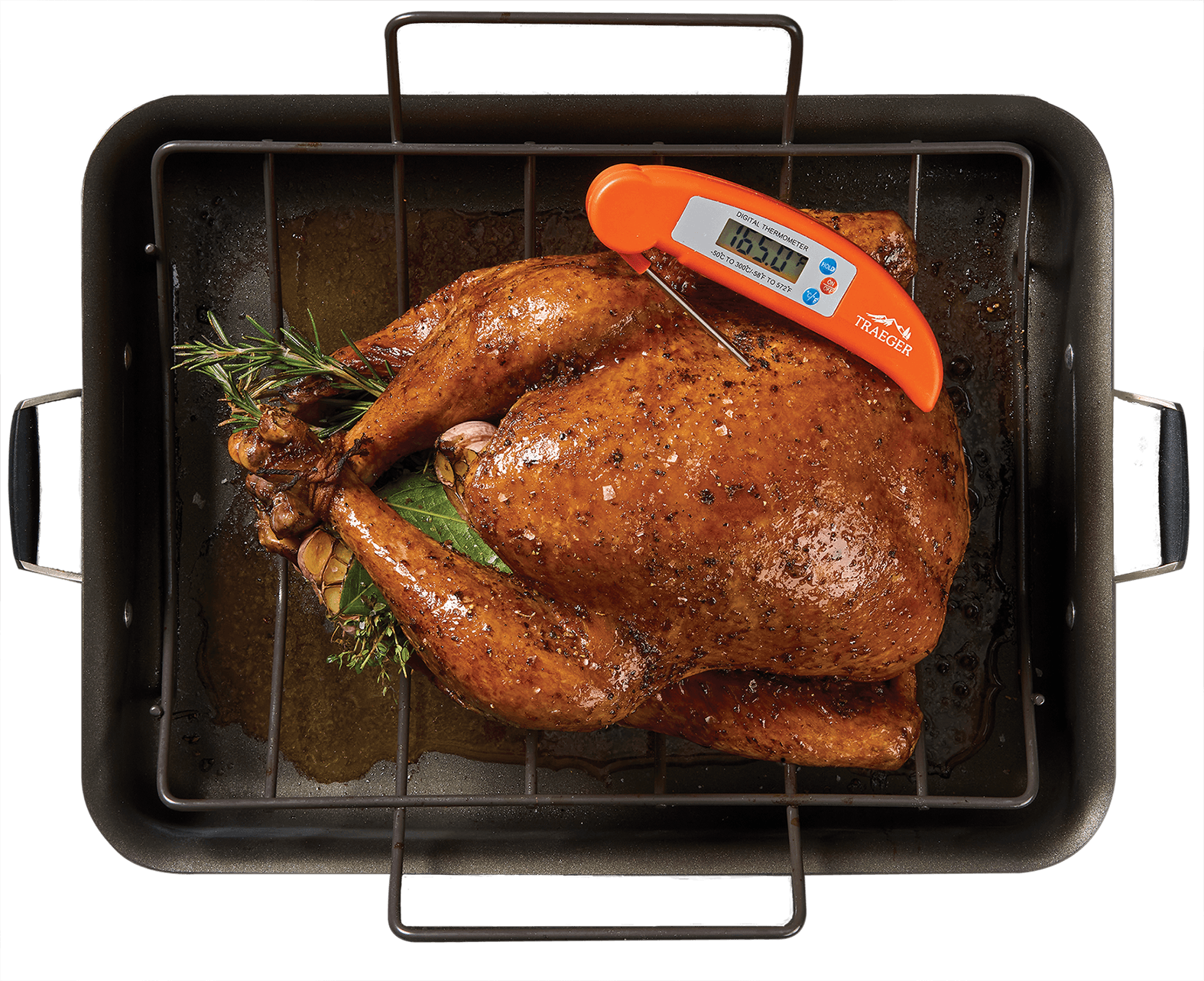 A pan with a cooked whole chicken sitting on grating.