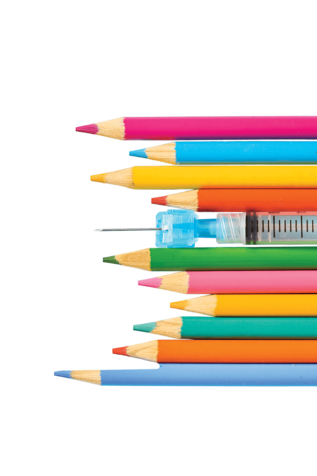 Assorted colored pencils and hypodermic needle.